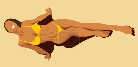 Illustration for Vector illustration on the theme of summer holidays. beautiful young tanned girl in a yellow swimsuit sunbathes on the beach. useful for advertising summer vacations, resorts, hotels, beaches, print - Royalty Free Image