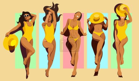 Téléchargez les illustrations : Illustration vectorielle cinq modèles différents de belles jeunes filles bronzées minces en maillots de bain jaunes bronzer sur la plage sur des nattes ou des serviettes colorées. éléments isolés. vue d'en haut. vacances d'été. - en licence libre de droit