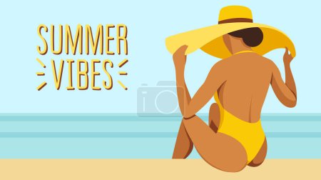 Ilustración de Imagen vectorial sobre el tema de las vacaciones de verano. una mujer bonita en un traje de baño amarillo se sienta con su espalda en la playa en un sombrero grande, toma el sol, descansa, se relaja en un complejo tropical contra el mar o el océano. - Imagen libre de derechos