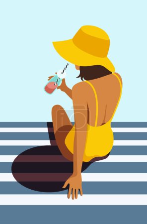 Téléchargez les illustrations : Image vectorielle tendance sur le thème des vacances d'été. une femme en maillot de bain jaune s'assoit le dos au bord de la piscine dans un grand chapeau avec une boisson, bains de soleil, se repose, se détend dans une station tropicale. - en licence libre de droit