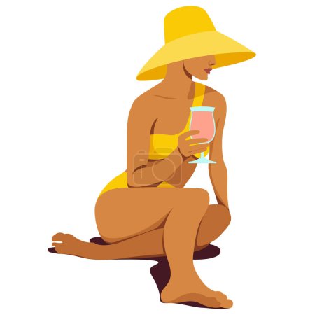 Téléchargez les illustrations : Image vectorielle tendance sur le thème des vacances d'été. une belle femme en maillot de bain jaune s'assoit sur la plage dans un grand chapeau avec un cocktail, bains de soleil, se repose, se détend dans une station tropicale. vacances - en licence libre de droit
