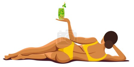 Téléchargez les illustrations : Image vectorielle sur le thème des vacances d'été. une femme en maillot de bain jaune se trouve sur la plage avec un cocktail à la main, bains de soleil, se repose, se détend dans une station tropicale. isolé sur fond blanc. - en licence libre de droit