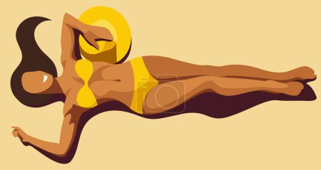 Téléchargez les illustrations : Image vectorielle d'une belle fille bronzée en bikini jaune et avec un chapeau se bronzant sur la plage avec ses cheveux éparpillés sur le sable. utiles pour les vacances d'été, stations balnéaires, hôtels, plages, vacances - en licence libre de droit