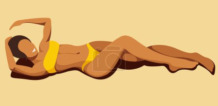 Illustration for Vector imageof a young tanned girl with a perfect figure in a yellow bikini is sunbathing on the beach against the background of sand. useful for summer holidays, resorts, hotels, beaches, vacations. - Royalty Free Image