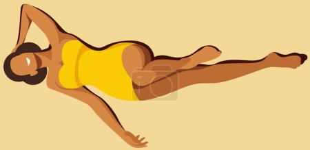 Téléchargez les illustrations : Image vectorielle d'une fille bronzée avec une silhouette parfaite dans un maillot de bain rétro jaune bronzant sur la plage sur fond de sable. utiles pour les vacances d'été, stations balnéaires, hôtels, plages, vacances. - en licence libre de droit