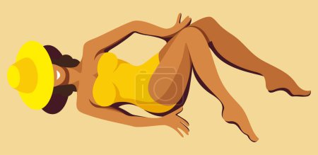 Illustration for Vector image of a beautiful tanned girl with a perfect figure in a yellow retro swimsuit and a hat is sunbathing on the beach on a sand. useful for summer holidays, resorts, hotels, beaches, vacations - Royalty Free Image