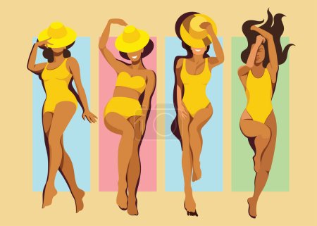 Téléchargez les illustrations : Image vectorielle quatre modèles différents jeunes filles tannées minces en maillots de bain jaunes bronzent sur la plage sur des nattes ou des serviettes colorées. éléments isolés. vue d'en haut. vacances d'été. - en licence libre de droit