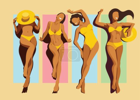 Illustration for Vector image four different beautiful young slim tanned girl models in yellow swimsuits are sunbathing on the beach on colorful mats or towels. elements isolated. view from above. summer holidays. - Royalty Free Image