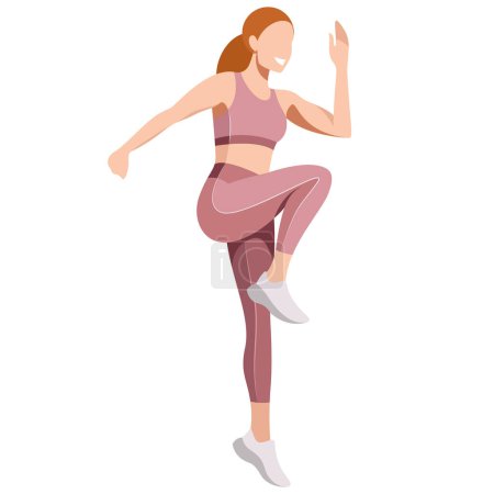Illustration for Vector realistic image of a slim girl in a sports uniform (leggings and a sports bra) is engaged in fitness, sports, training, isolated on a white background. the girl is engaged in aerobics, jumping. - Royalty Free Image