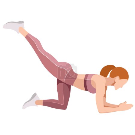 Illustration for Vector image of a slim girl in sportswear (leggings and sports bra) doing fitness, sports, training, isolated on a white background. girl doing exercises on the buttocks, training her legs, plank - Royalty Free Image