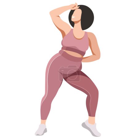 Illustration for Vector illustration a plus size girl in a sports uniform (leggings and a sports bra) trains, does fitness in a good mood isolated on a white background. useful for advertising sports studios, programs - Royalty Free Image