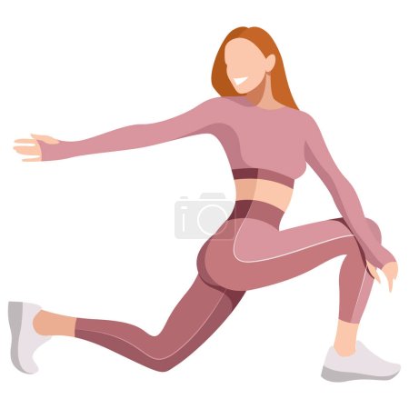 Ilustración de Vector image of a girl in a sports uniform (leggings and a sports bra) is engaged in fitness, sports, training. girl squats, does lunges, trains her legs and buttocks. isolated on a white background. - Imagen libre de derechos