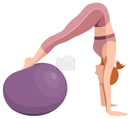 Illustration for Vector illustration of a beautiful slim girl in sportswear (leggings and a sports bra) doing fitness, sports, working out, doing exercises with a fitness ball isolated on a white background. - Royalty Free Image