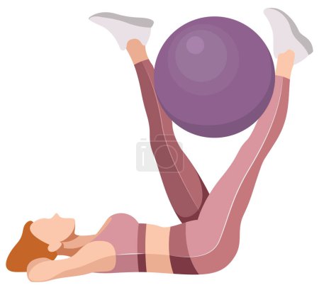 Illustration for Vector illustration of a beautiful slim girl in sportswear (leggings and a sports bra) doing fitness, sports, working out, doing exercises with a fitness ball isolated on a white background. - Royalty Free Image
