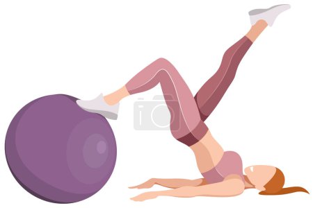 Illustration for Vector image of a beautiful slim girl in sportswear (leggings and sports bra) doing an exercise with a fitness ball isolated on a white background. woman doing fitness, sports, training, aerobics - Royalty Free Image