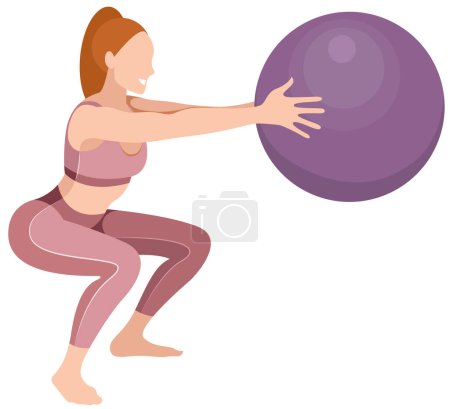 Illustration for Vector image of a beautiful slim girl in sportswear (leggings and sports bra) squats with a fitness ball isolated on a white background. woman doing fitness, sports, training, aerobics, exercise - Royalty Free Image