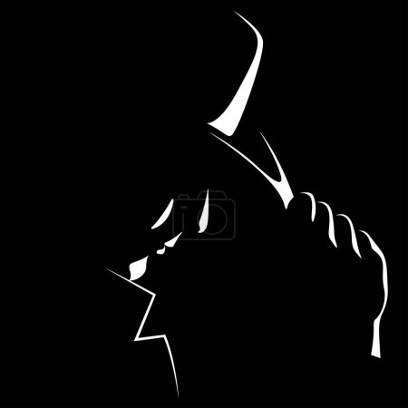 vector black and white light and shadow isolated image of a man in a hat formed by shadow. profile of a stern man in a hat. gentleman, businessman, detective, employee, spy, gangster, boss, chief.