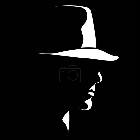vector black and white light and shadow isolated image of a man in a hat formed by shadow. profile of a stern man in a hat. gentleman, businessman, detective, employee, spy, gangster, boss, chief.