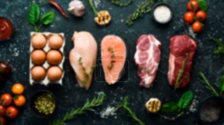 Photo for Defocused food background. Banner: meat, fish, chicken eggs. Top view. Free space for your text. - Royalty Free Image