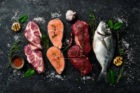 Photo for Defocused food background. Banner: meat, fish, chicken eggs. Top view. Free space for your text. - Royalty Free Image