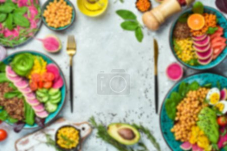 Photo for Defocused food background. Concept of prepared meals and food. Top view. Free space for your text. - Royalty Free Image