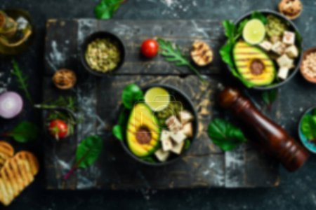Photo for Defocused food background. Concept of vegan food. Top view. Free space for your text. - Royalty Free Image