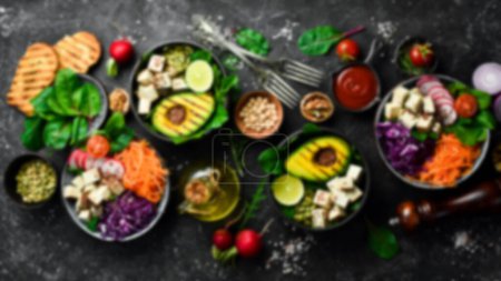 Photo for Defocused food background. Concept of vegan food. Top view. Free space for your text. - Royalty Free Image