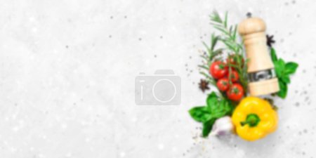 Photo for Set of organic food. Defocused food background. Top view. Free space for your text. - Royalty Free Image