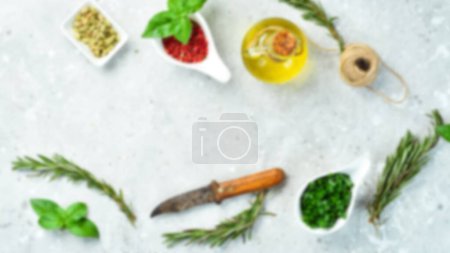 Photo for Defocused food background. Healthy food. Vegetables, fruits, spices and food. On a concrete gray background. Top view. Copy space. - Royalty Free Image