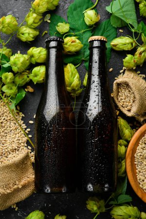 Foto de Lúpulo fresco, vasos y cerveza. Cerveza oscura en botellas de vidrio sobre un fondo de piedra negra. Banner de cerveza. - Imagen libre de derechos