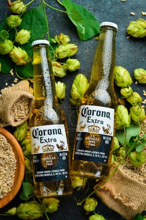 Foto de UCRANIA, LVIV - SEP 12, 2022: Cerveza Corona en botella de vidrio, lúpulo fresco y vasos de cerveza. Banner publicitario. - Imagen libre de derechos