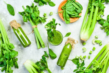 Photo for Vegetarian detox diet green smoothies with fresh celery, spinach. Healthy food. Free space for text. - Royalty Free Image