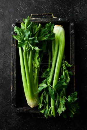 Photo for Bouquet of fresh celery stalk with leaves in a wooden box. Organic healthy food on stone background. Top view. Free space for text. - Royalty Free Image