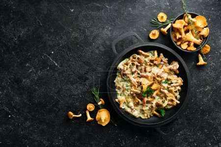 Photo for Mushroom dishes. Cooked chanterelle mushrooms in a cream sauce. Top view. Free space for text. - Royalty Free Image