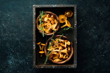 Photo for Chanterelle mushrooms in a wooden box. Top view. Free space for text. - Royalty Free Image