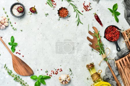 Photo for Basil. Spices and herbs on a stone background. Cooking concept. Top view. Free space for your text. - Royalty Free Image