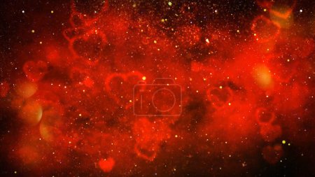 Foto de Valentine Hearts Sparkling Red Background presenta una atmósfera roja llena de corazones, nubes y partículas en forma de nube flotando en una atmósfera oscura. - Imagen libre de derechos