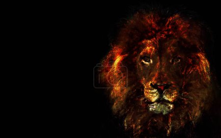 Photo for Painted Lion Head Side on Black Background features an intensely colored digitally painted lion head on a field of black positioned to the right of the frame in a landscape ratio. - Royalty Free Image