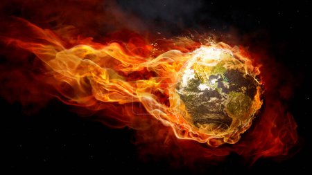 Foto de Tierra ardiendo en llamas que se precipita a través del espacio El fondo presenta una tierra quemada dañada que cae a través de una atmósfera espacial negra en una bola de llama y humo. - Imagen libre de derechos
