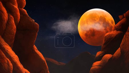 Photo for Blood Moon View Through Cliffs features a view through red rock cliffs at a blood moon that is yellow, orange, and red, with fog blowing and a cloud. - Royalty Free Image