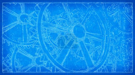 Photo for Gears Blueprint Sketch features gears in a white outline sketch on a blueprint paper background. - Royalty Free Image