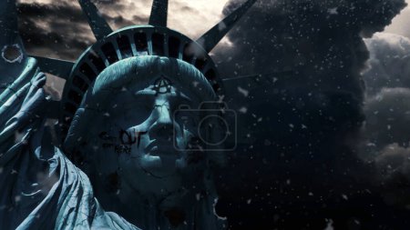 Photo for The End of Liberty features a close-up of the Statue of Liberty with cracks and graffiti all over it with roiling clouds in the background. - Royalty Free Image