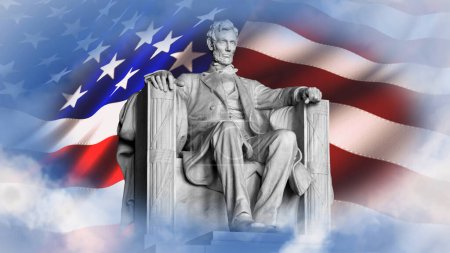 Photo for Lincoln Memorial with Flag and Clouds features the Lincoln Memorial with a waving American flag in the background and clouds around the edges - Royalty Free Image