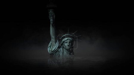 Photo for Liberty Sinking in the Night features a submerged Statue of Liberty in the center of a black atmosphere with a small amount of water reflection with rolling fog around the statue. - Royalty Free Image