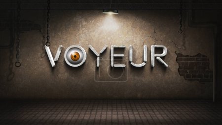 Photo for Voyeur Creepy Basement features a view of a dark creepy basement with a light and hanging chains slightly swinging with the word Voyeur on the wall with an eye looking out of the O - Royalty Free Image
