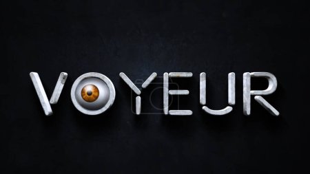 Photo for Voyeur Eye Zoom features the word Voyeur on a wall with an eye in the O zooming toward the viewer. - Royalty Free Image