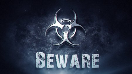 Photo for Biohazard Beware Symbol Smoke and Particles features a metallic Biohazard symbol through smoke and haze with particles flowing and the word Beware below. - Royalty Free Image
