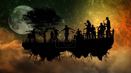 Photo for Music Party Island in the Sky features silhouettes of musicians and dancers on an island floating in a glittering space like atmosphere - Royalty Free Image