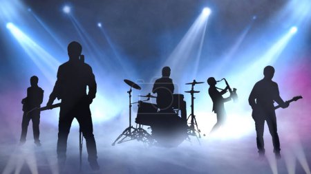 Rocking to the Beat Silhouettes on Stage zeigt Silhouetten von Musikern auf der Bühne mit rollendem Nebel und blinkenden Lichtern.