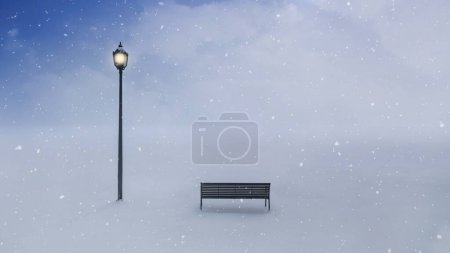 Téléchargez les photos : Banc avec poteau de lampe au crépuscule avec neige dispose d'un banc à côté d'un poteau de lampe lumineux avec un fond nuageux obscur et la neige tombant. - en image libre de droit